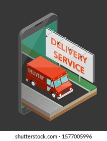 Delivery service van navigation smartphone, phone vector drawing schema isometric delivery cargo truck GPS navigation tablet, itinerary destination arrow isometry phone. Low poly style vehicle truck