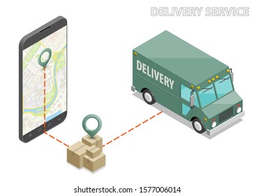 Delivery service van navigation smartphone, phone vector drawing schema isometric delivery cargo truck GPS navigation tablet, itinerary destination arrow isometry phone. Low poly style vehicle truck