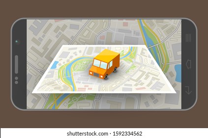 Delivery service van navigation smartphone, phone vector drawing schema isometric delivery cargo truck GPS navigation tablet, itinerary destination arrow isometry phone. Low poly style vehicle truck