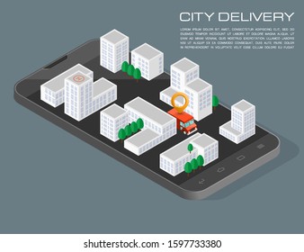 Delivery service van navigation smartphone, phone vector drawing schema isometric delivery cargo truck GPS navigation tablet, itinerary destination arrow isometry phone. Low poly style vehicle truck