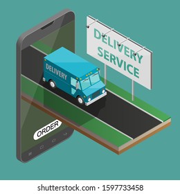 Delivery service van navigation smartphone, phone vector drawing schema isometric delivery cargo truck GPS navigation tablet, itinerary destination arrow isometry phone. Low poly style vehicle truck