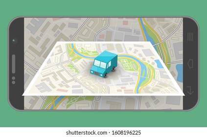 Delivery service van navigation smartphone, phone vector drawing schema isometric delivery cargo truck GPS navigation tablet, itinerary destination arrow isometry phone. Low poly style vehicle truck