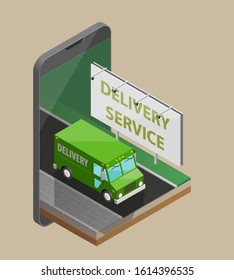 Delivery service van navigation smartphone, phone vector drawing schema isometric delivery cargo truck GPS navigation tablet, itinerary destination arrow isometry phone. Low poly style vehicle truck