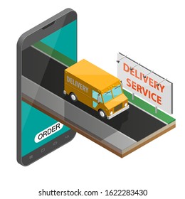 Delivery service van navigation smartphone, phone vector drawing schema isometric delivery cargo truck GPS navigation tablet, itinerary destination arrow isometry phone. Low poly style vehicle truck