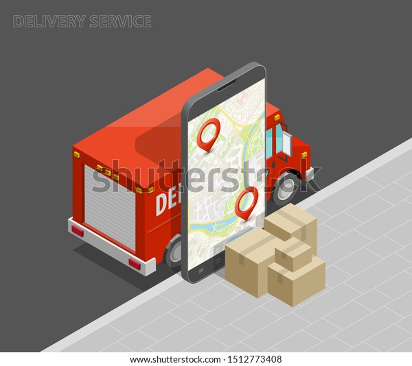 Delivery service van navigation smartphone, phone
vector drawing schema isometric delivery cargo truck GPS navigation
tablet, itinerary destination arrow isometry phone. Low poly style
vehicle truck