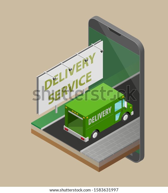 Delivery service van navigation smartphone, phone\
vector drawing schema isometric delivery cargo truck GPS navigation\
tablet, itinerary destination arrow isometry phone. Low poly style\
vehicle truck