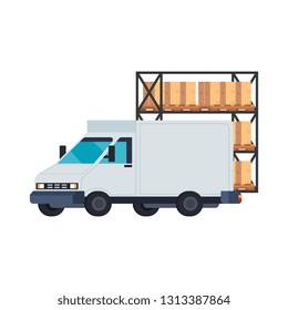 delivery service van with shelving and boxes