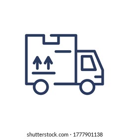 Delivery service van thin line icon. Post, fragile parcel, address isolated outline sign. Vehicle and shipping concept. Vector illustration symbol element for web design and apps