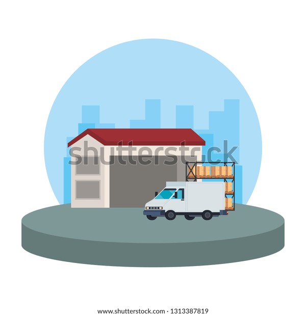 delivery service van\
vehicle in warehouse