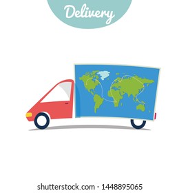 Delivery service van with world map. Shipping delivery. Isolated flat vector illustration on background.