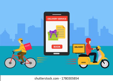 Delivery Service vector concept: couriers delivering each of their packages with bicycle and scooter