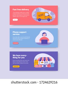 Delivery Service vector horizontal color web banners set with copy space for text. Flat style design concepts for shipping, store.Images of a truck, phone support, online shop