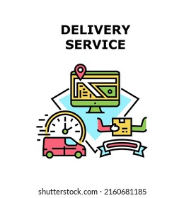 Concepto de icono del vector de servicio de entrega. Servicio De Entrega Vehículo De Camión Para Entrega Rápida, Seguimiento De Envío En Línea En Pantalla De Computadora, Ubicación En Map Express Entregar Ilustración De Color
