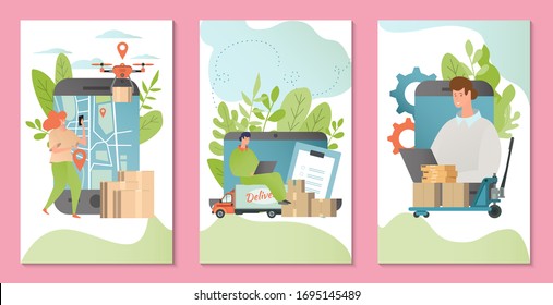Vektorillustration-Banner-Vorlage für die Lieferung. Digitale Anwendung für schnellen Transport und Pakettransport. Drohne, die Karton an die Frau liefert. Logistischer Lastwagen liefert Paket an den Menschen.