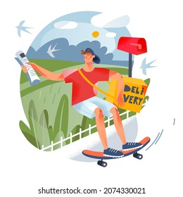 Delivery service vector illustration. Cartoon funny man courier character with parcel in bag using skateboard, guy skateboarding in green city park to carry package, eco lifestyle isolated on white