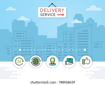 Delivery service vector illustration. Delivery service concept with flat icons on city background. Logistic and delivery concept illustration