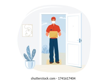 Delivery service vector illustration. Courier stand near open home door and hold package box. Man protected by safe mask and gloves in pandemic period.