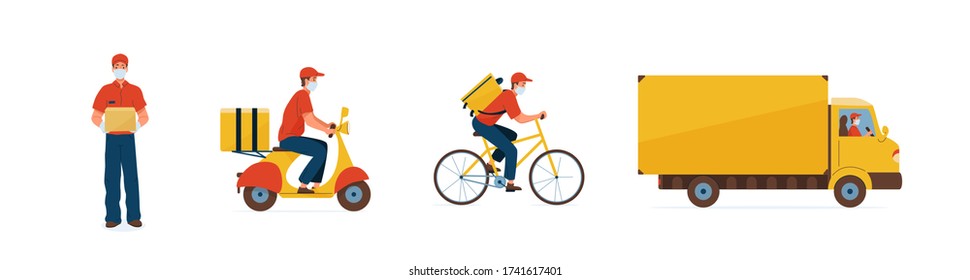 Delivery service vector illustration. Fast safe deliver by courier man, bicycle, motorcycle and truck to work or home. Worker wearing in respiratory mask, gloves to prevent corona virus pandemic.