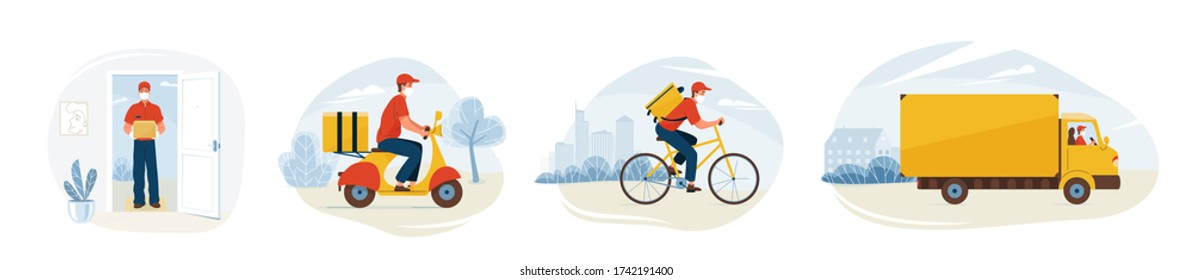 Ilustración vectorial del servicio de entrega. Entrega rápida y segura de un mensajero a casa. Viaje en bicicleta, motocicleta y camión por la carretera con paisaje. Trabajador con guantes de mascarilla para prevenir la pandemia de corona.