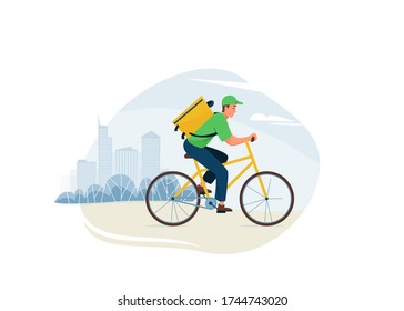 Delivery service vector illustration. Fast safe deliver by man ride by bike to work or home, outdoor city landscape, cityscape. Worker wearing in green uniform.