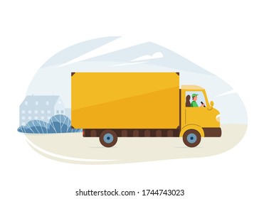 Delivery service vector illustration. Fast safe deliver by truck, van to work or home, outdoor city landscape, cityscape. Driver wearing in green uniform.