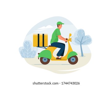 Delivery service vector illustration. Fast safe deliver by man ride by motorbike to work or home, outdoor landscape. Worker wearing in green uniform.