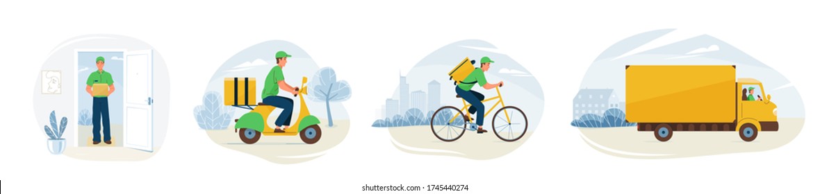 Delivery service vector illustration. Fast online deliver by courier man, bicycle, motorcycle and truck to work or home. Moving transport design in trendy flat style isolated on white background.