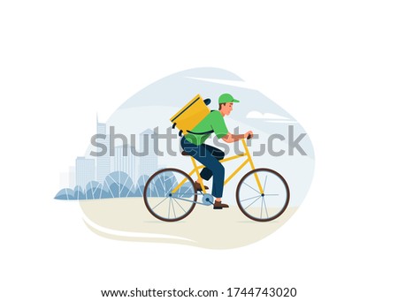 Delivery service vector illustration. Fast safe deliver by man ride by bike to work or home, outdoor city landscape, cityscape. Worker wearing in green uniform.