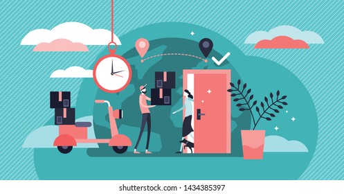 Delivery service vector illustration. Flat tiny shipping box persons concept. Global international logistics distribution. Parcel and ordered goods transport export to customer location fast in time.