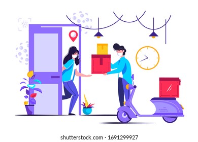 Delivery service vector illustration. Flat tiny shipping box persons concept. Global international logistics distribution. Parcel and ordered goods transport export to customer location fast in time.