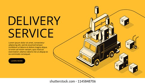 Delivery service vector illustration of loader truck with furniture for moving or store order shipping. Logistics transport thin line art and isometric black halftone design on yellow background