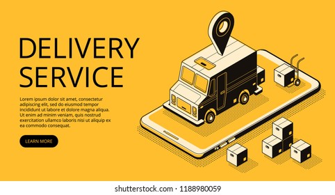 Delivery service vector illustration of loader truck and parcel boxes at warehouse. Logistics and transport technology thin line art and isometric black halftone design on yellow background