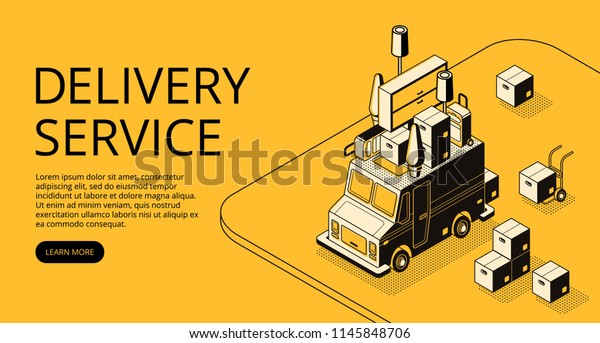Delivery service vector illustration of loader\
truck with furniture for moving or store order shipping. Logistics\
transport thin line art and isometric black halftone design on\
yellow background