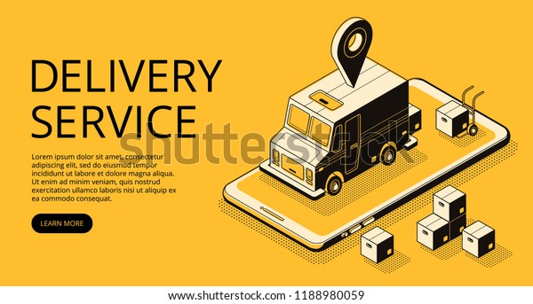 Delivery service vector illustration of loader\
truck and parcel boxes at warehouse. Logistics and transport\
technology thin line art and isometric black halftone design on\
yellow background
