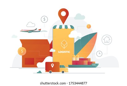 Delivery service vector illustration for logistics transport mobile application technology. Isometric poster design of smartphone and delivery truck.