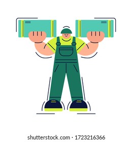 Delivery service vector illustration. Powerful delivery man with heavy boxes on his shoulders. Flat design.