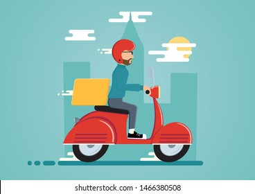 Delivery Service - Vector illustration representing a delivery man or a postman riding a scooter through a city.
