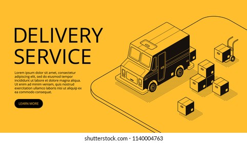 Ilustración vectorial del servicio de entrega de arte de línea delgada en estilo de medio tono isométrico negro. Tecnología de transporte logístico: vagones cargadores y cajas de paquetes sobre fondo amarillo