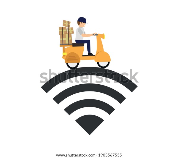Delivery service vector illustration,\
website interface creative flat design order box delivery with\
cartoon courier\
character.\
