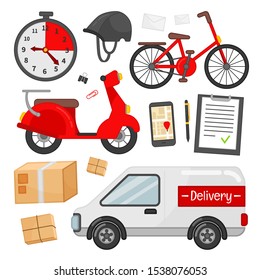 Delivery service vector set. Set of icons truck, moped, bike and more. Vector cartoon illustration.
