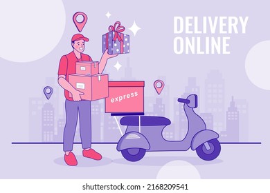 Delivery Service via mobile phone. Man Courier Riding Motorcycle With Box Parcel. City Buildings Background. Big navigation pointers. Ecommerce concept. Man riding scooter. Vector illustration.