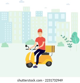 Delivery Service via mobile phone. Man Courier Riding Motorcycle With Box Parcel. City Buildings Background. Man riding scooter. Vector illustration.