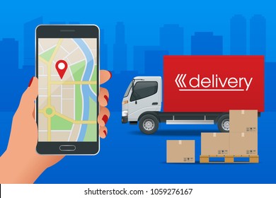 Delivery service via modern technology. Tracking system. Mobile App. Flat design modern vector illustration concept.