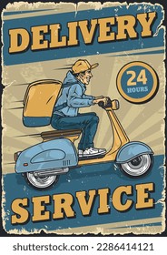 Delivery service vintage poster colorful courier man on moped with bag of hot food from restaurant vector illustration