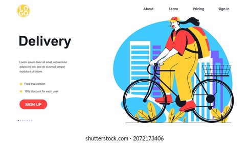 Delivery service web banner concept. Woman courier rides bicycle and carries parcel in backpack, fast shipping of orders, landing page template. Vector illustration with people scene in flat design