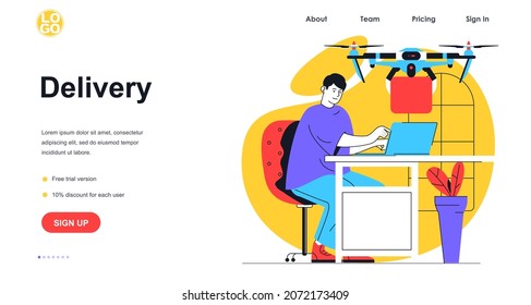 Lieferservice Web-Banner Konzept. Man bestellt Hauslieferung, Drohne mit Box Fliegen und Transport Paket zum Kunden, Landing Page Template. Vektorgrafik mit Menschen-Szene in flachem Design