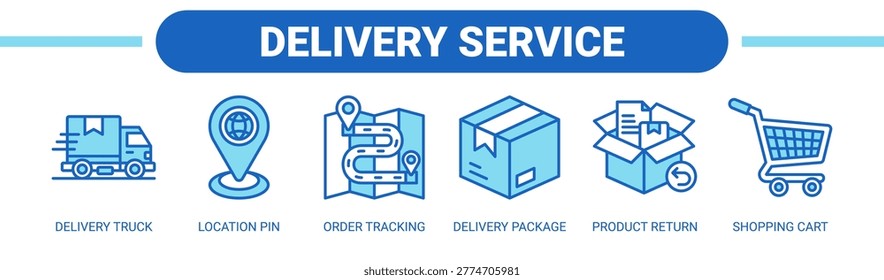 Delivery Service web banner icon vector illustration concept with icons of delivery truck, location pin, order tracking, delivery package, product return, and shopping cart.