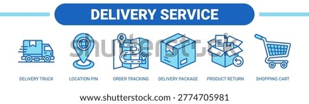 Delivery Service web banner icon vector illustration concept with icons of delivery truck, location pin, order tracking, delivery package, product return, and shopping cart.