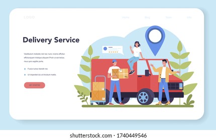 Delivery service web banner or landing page. Courier in uniform with box from the truck. Online food delivery. Goods order in the internet. Express logistic concept. Vector illustration