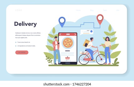 Delivery service web banner or landing page. Courier in uniform with box from the truck. Online food delivery. Goods order in the internet. Express logistic concept. Vector illustration
